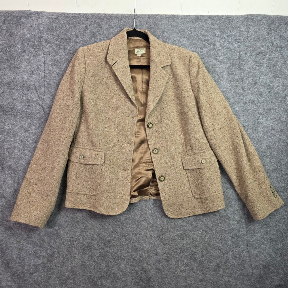 LL Bean Womens Large Wool Silk Blend Tweed Blazer Jacket Tan 3-Button RN71341